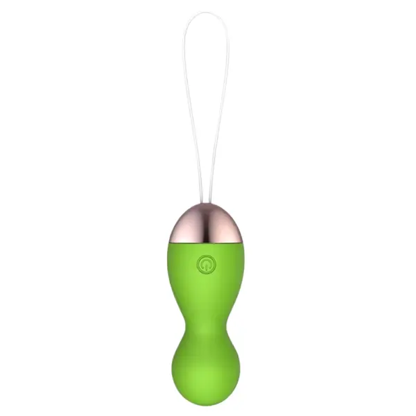 A bright green Heated Egg Vibrator – WarmBlush featuring a curvy ergonomic shape, metallic accent, and top loop for safe insertion and removal.