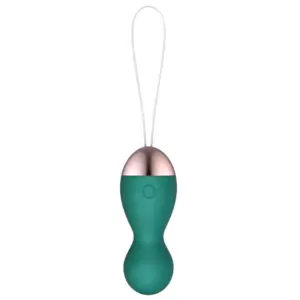The Heated Egg Vibrator – WarmBlush in deep teal with a rose gold top and looped retrieval cord, designed for comfortable use and easy control.