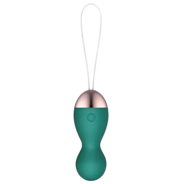 The Heated Egg Vibrator – WarmBlush in deep teal with a rose gold top and looped retrieval cord, designed for comfortable use and easy control.