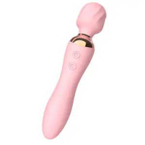 A soft pink Heated Wand Vibrator – Warm Kiss featuring a textured rounded head, sleek silicone body, and gold metallic neck accent with two intuitive control buttons.