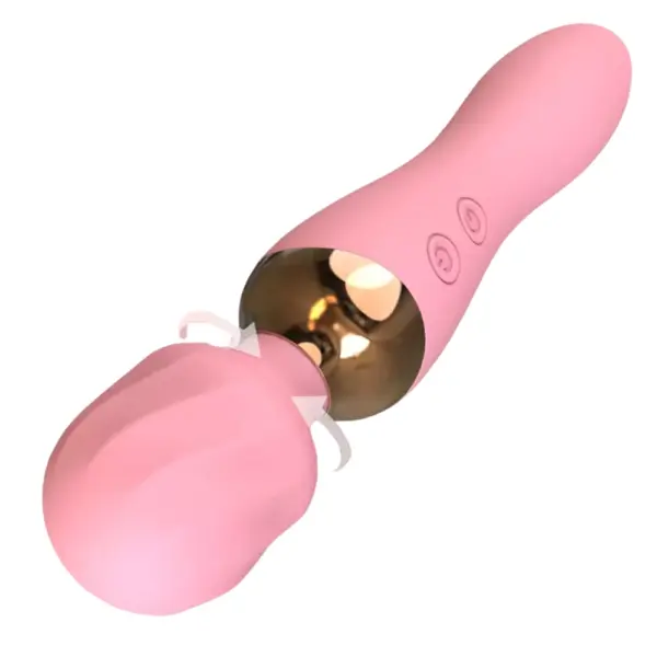 Close-up of the Heated Wand Vibrator – Warm Kiss with its fluted pink head shown twisting off the gold connector, indicating a removable design feature.