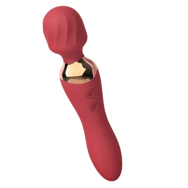A rose red Heated Wand Vibrator – Warm Kiss with gold detailing at the neck, flared head, and soft-touch buttons designed for heated and vibrating sensations.