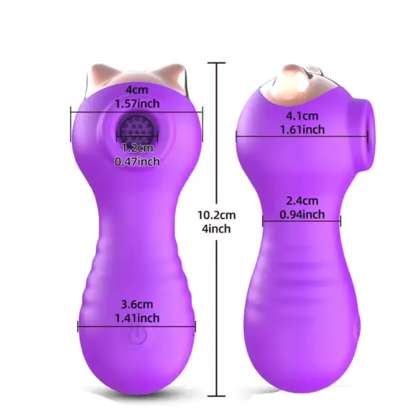 Air Pulse Vibrator – Aerella shown from front and side with measurements including length, suction diameter, and body width for a precise sizing guide.