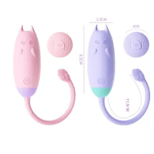 Remote Control Kitty Love Egg – PurrVibes shown in pink and purple with labeled dimensions of 8.5 cm body length and 11.5 cm tail, alongside round remote controls.