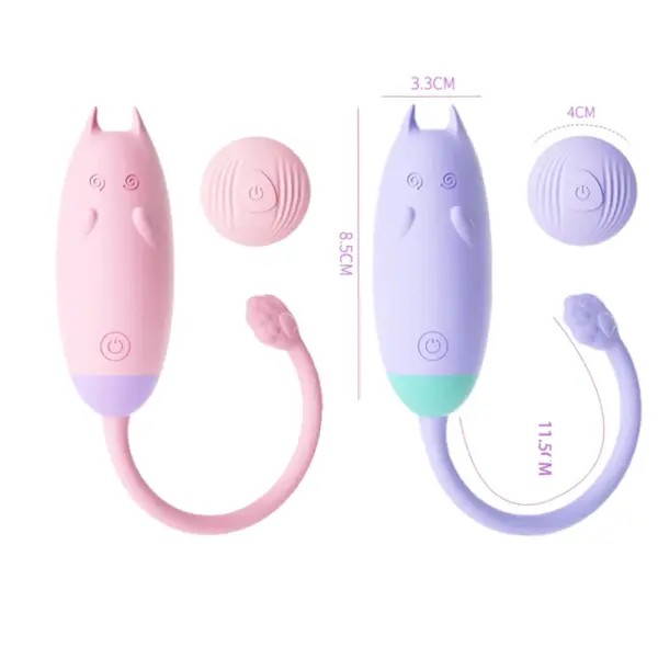 Remote Control Kitty Love Egg – PurrVibes shown in pink and purple with labeled dimensions of 8.5 cm body length and 11.5 cm tail, alongside round remote controls.