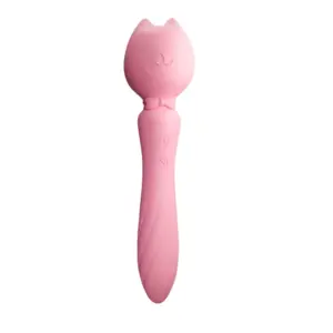 Personal Wand Massager – PurrPlay in all-pink silicone featuring a smiling cat-shaped head, bowtie detail at the neck, and two control buttons on the handle.