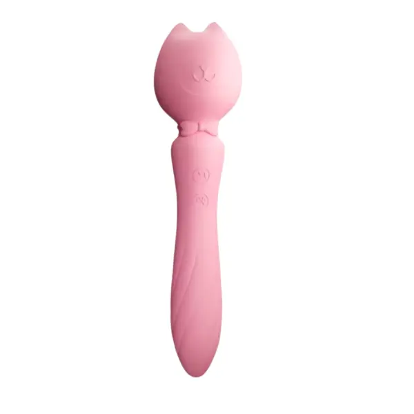 Personal Wand Massager – PurrPlay in all-pink silicone featuring a smiling cat-shaped head, bowtie detail at the neck, and two control buttons on the handle.