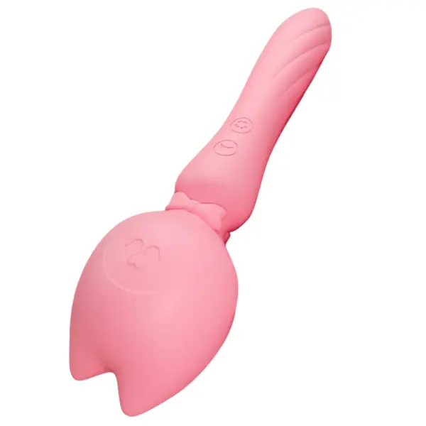 Side view of the Personal Wand Massager – PurrPlay highlighting the ergonomic curved handle, textured grip, and cat-ear head resting flat.