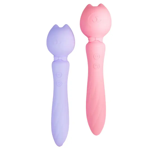 Personal Wand Massager – PurrPlay shown in pastel pink and lavender side by side, each with the same cat-head design, dual control buttons, and bowtie accent.