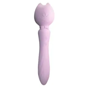 Personal Wand Massager – PurrPlay in lavender with spiral-textured handle, embossed cat face, and soft, flexible silicone head shaped like cat ears.