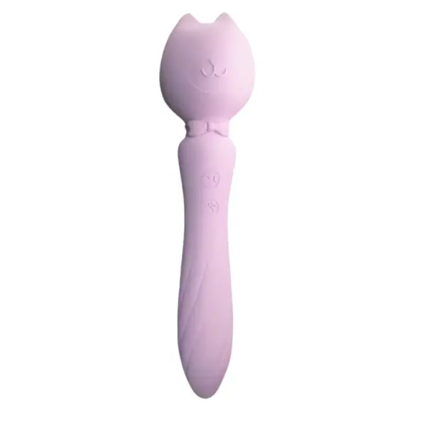Personal Wand Massager – PurrPlay in lavender with spiral-textured handle, embossed cat face, and soft, flexible silicone head shaped like cat ears.
