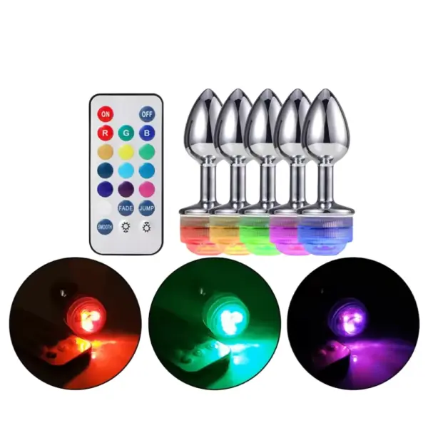 Five LED Light Butt Plug – Booty Glow units lit in red, yellow, green, pink, and blue alongside a color-coded remote and night-view samples showing glow variations.