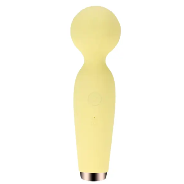 Alternate color of the Silicone Wand Vibrator - Velvet Lure shown in pastel yellow, featuring a smooth silicone exterior and metallic accent base