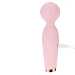 Side view of the Silicone Wand Vibrator - Velvet Lure with charging cable inserted, demonstrating rechargeable functionality