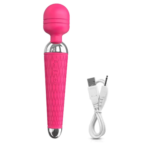 Wireless Wand Vibrator – FreeFlick in pink shown beside a white USB charging cable, emphasizing its rechargeable design and travel-friendly build.