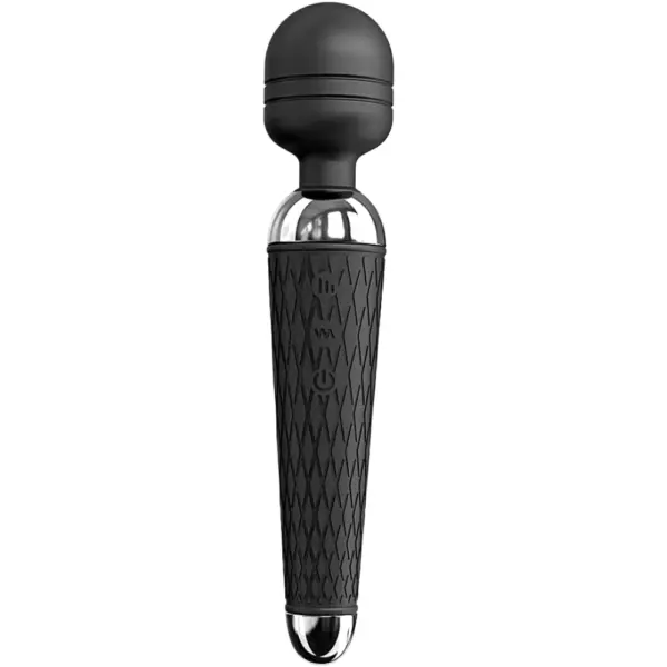 The Wireless Wand Vibrator – FreeFlick in matte black for a bold, minimal aesthetic with a soft-touch silicone handle and chrome detailing at the base and neck.