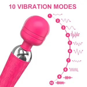Close-up of the Wireless Wand Vibrator – FreeFlick head with illustrated chart showing 10 distinct vibration modes for versatile stimulation.