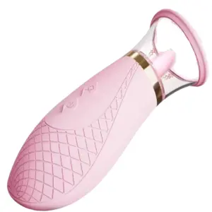 Side angle of the pink Sassy Suction vibrator, showing the textured diamond-pattern grip, power and mode buttons, and soft silicone cup with flexible tongue.