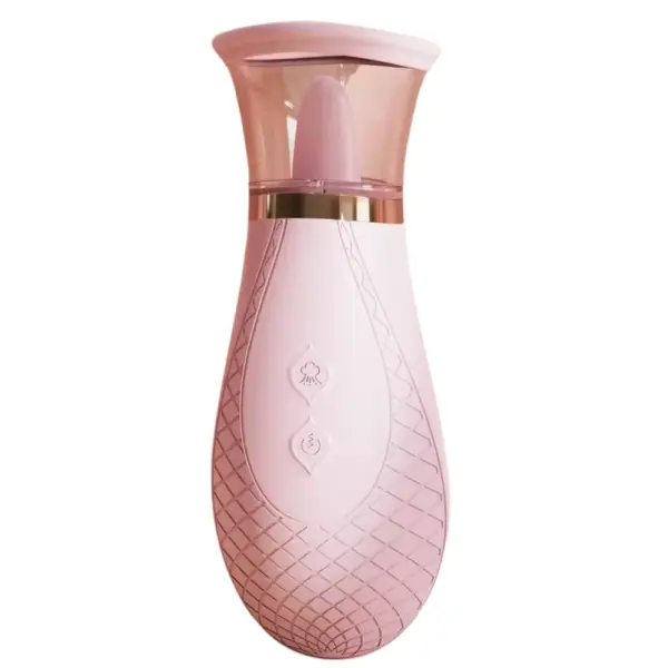Front-facing view of the pink Suction Cup and Tongue Vibes – Sassy Suction, featuring a clear cup with inner tongue detail and textured silicone grip for ergonomic use.