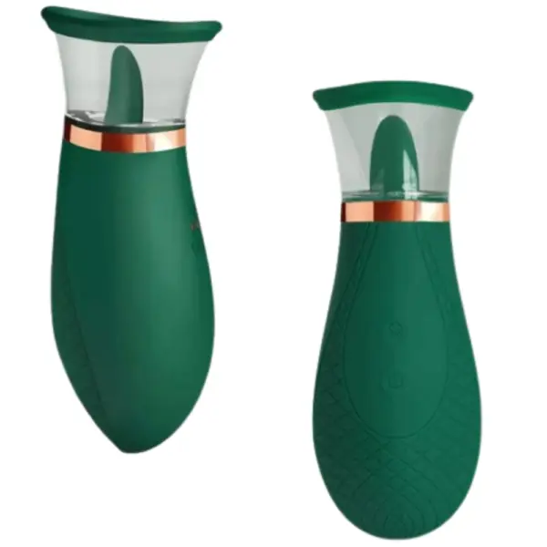 Two angles of the green Suction Cup and Tongue Vibes – Sassy Suction, highlighting the front-facing and angled perspective of its ergonomic, full-body silicone design.