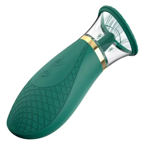 Side view of the green Sassy Suction tongue vibrator in motion, with wave symbols inside the transparent suction cup and a gold accent ring at the top.