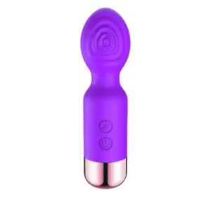 Mini Rechargeable Wand – Flickette in vibrant purple featuring a textured, rippled head for enhanced stimulation and simple push-button controls above a rose-gold base.
