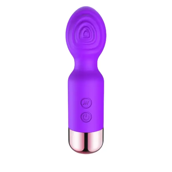 Mini Rechargeable Wand – Flickette in vibrant purple featuring a textured, rippled head for enhanced stimulation and simple push-button controls above a rose-gold base.