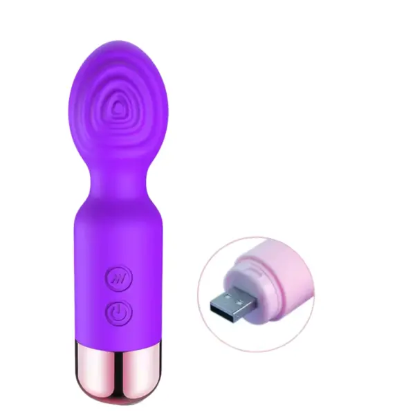 Mini Rechargeable Wand – Flickette shown upright in purple with a close-up of its detachable USB charging tip for easy power-up and portability.