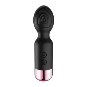 Mini Rechargeable Wand – Flickette in matte black with raised silicone controls and glossy pink metallic base, offering a bold and elegant look.