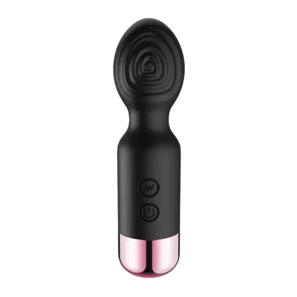 Mini Rechargeable Wand – Flickette in matte black with raised silicone controls and glossy pink metallic base, offering a bold and elegant look.