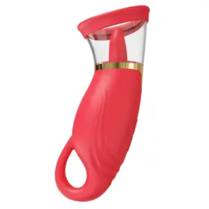 Angled view of the Quick Lick Tongue Vibrator with Suction Cup in vibrant red silicone, featuring its clear suction chamber with a tongue-shaped stimulator and ergonomic loop handle. The textured ridges below the cup highlight the toy’s dual-stimulation design for targeted suction and vibration.