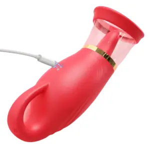 Close-up of the Quick Lick Tongue Vibrator with Suction Cup’s gold-plated magnetic charging port connected to a USB cable. The simple plug-and-play connector underlines the toy’s convenient, cordless recharge system for on-the-go power.