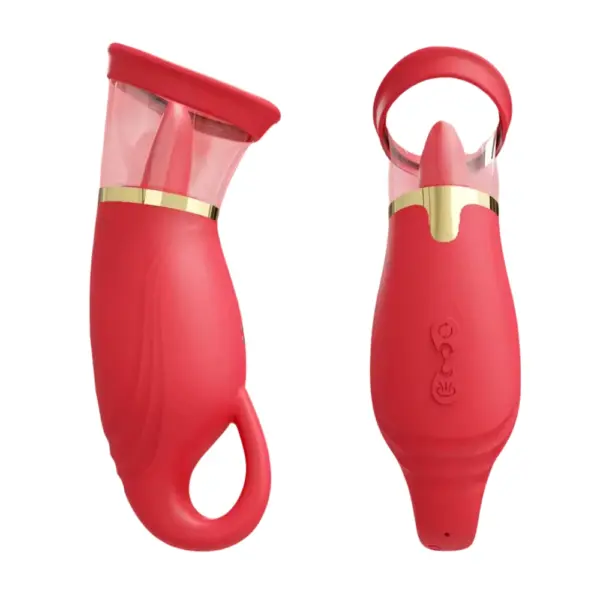 Front and back views of the Quick Lick Tongue Vibrator with Suction Cup, highlighting the embossed power and mode buttons and the sturdy silicone loop handle. The sleek red finish and intuitive controls showcase its ergonomic, user-friendly design.