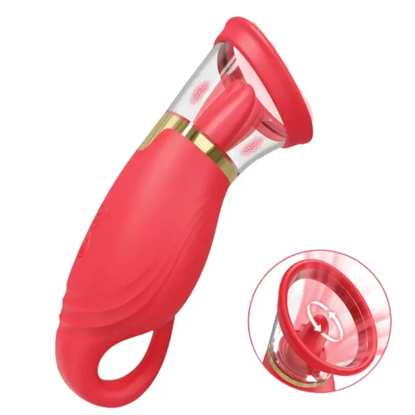 Detail shot of the Quick Lick Tongue Vibrator with Suction Cup’s clear chamber rotating around its tongue-shaped stimulator, illustrating the pulsating suction and spinning cup action. The transparent housing captures the dynamic movement designed for customizable clitoral stimulation.