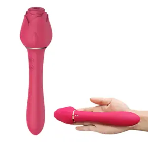 Front view of the Sweet Suction rose sucker and vibrating dildo next to a hand for scale, highlighting its compact size and intuitive control buttons.