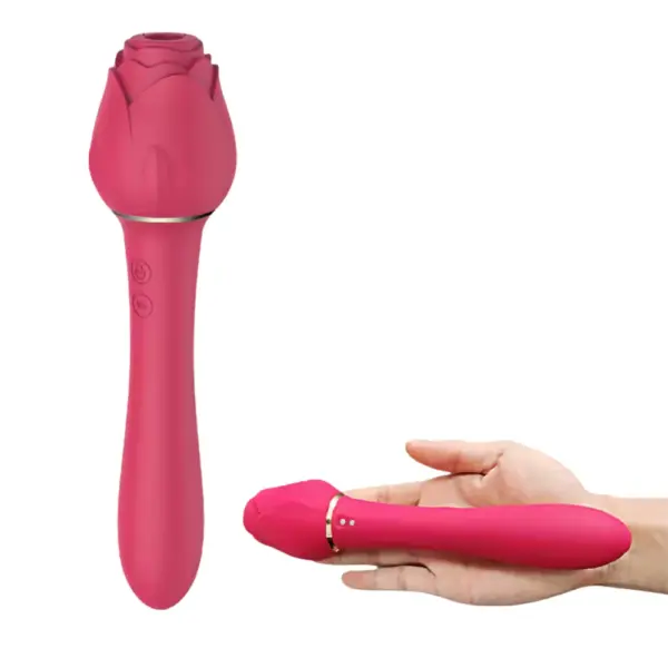 Front view of the Sweet Suction rose sucker and vibrating dildo next to a hand for scale, highlighting its compact size and intuitive control buttons.