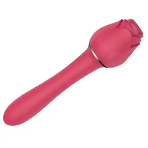 Long-stemmed red rose-shaped vibrator with a petal-detailed head and curved handle, designed for dual suction and vibration functions.