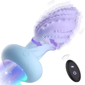 Rotating Butt Plug – Cheeky Twirl shown mid-motion with textured lavender shaft, labeled 360° rotation, soft blue base, and a wireless remote with power and vibration icons.
