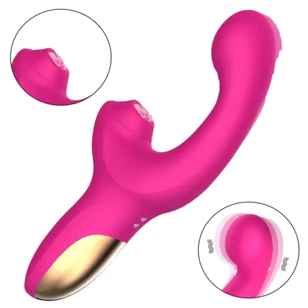 The Ergonomic Dildo With Suction Vibrator – Satin Rhythm in pink shown with zoom-in circles highlighting its clitoral suction nozzle and vibrating shaft tip.