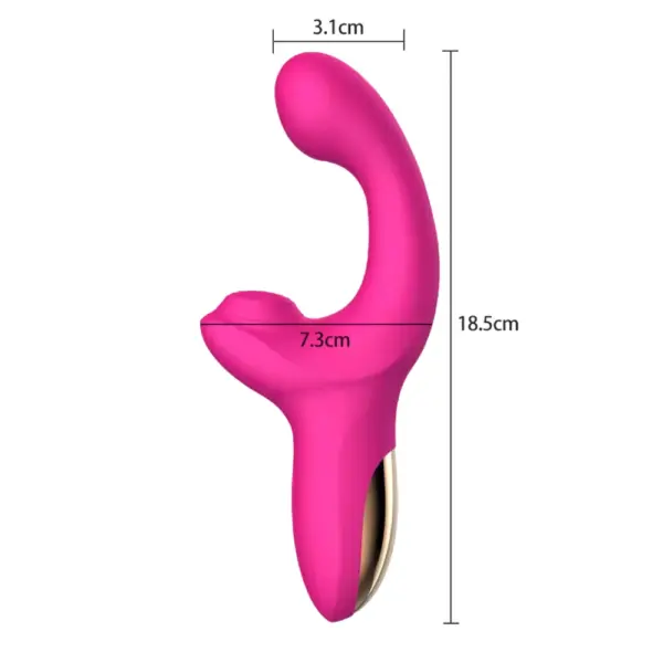 Side profile of the Ergonomic Dildo With Suction Vibrator – Satin Rhythm with labeled measurements showing 18.5 cm in length, 7.3 cm base width, and 3.1 cm shaft tip.