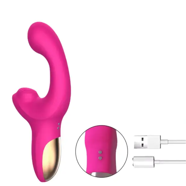 Pink Ergonomic Dildo With Suction Vibrator – Satin Rhythm shown with a close-up of the dual charging pins and the included white magnetic USB charging cable.
