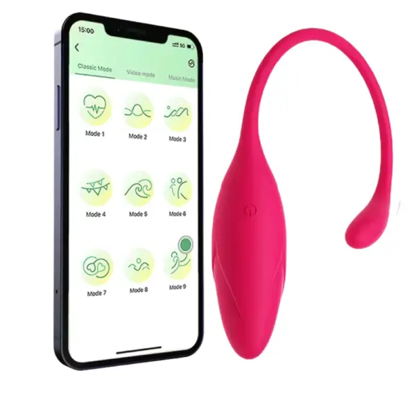 Wearable Love Egg – Winkie shown in bright pink next to a smartphone screen, demonstrating app control with nine customizable vibration modes.