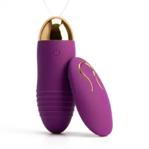 A purple Remote Control Egg Vibrator – Velvet Pulse with a ribbed silicone body, gold accent top, and a matching wireless remote control for hands-free play.