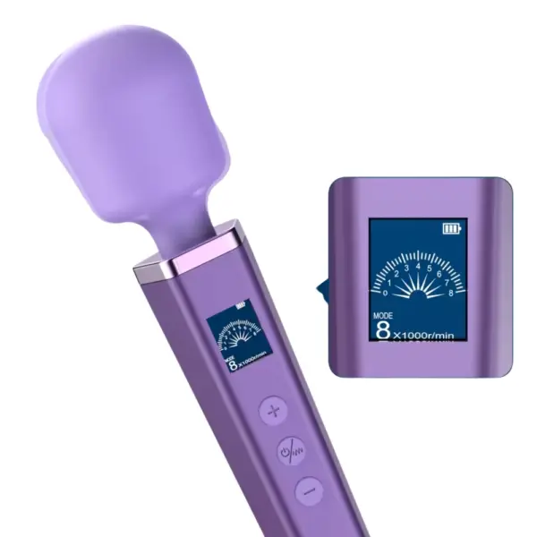 Angled view of the Cordless Wand Vibrator-Silken Touch highlights its easy-to-use control panel with plus, mode, and minus buttons just below the digital gauge. The close-up inset of the LCD illustrates clear battery status and intensity levels for intuitive, on-the-fly adjustments.