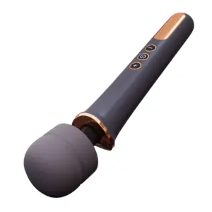 Angled shot of the Large Wand Vibrator-Noir Desire with its charcoal-black silicone head slightly twisted away from the gunmetal handle, exposing the firm neck and gold-trimmed collar. The view highlights the toy’s robust construction and detachable massage head for easy cleaning and versatile angle adjustment.