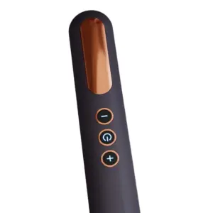 Close-up of the Large Wand Vibrator-Noir Desire’s intuitive control panel, featuring soft-touch “–”, power, and “+” buttons outlined in rose-gold. The sleek matte handle and elongated touchpad emphasize the wand’s elegant styling and precise intensity control for tailored pleasure.