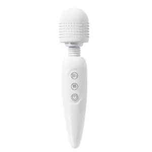 The Quiet Wand Vibrator-Quiet Bliss in crisp arctic white features a gently textured silicone head with whisper-quiet motor technology. Its streamlined handle houses three intuitive control buttons for power, pattern, and intensity, underscoring the toy’s minimalist yet powerful design.