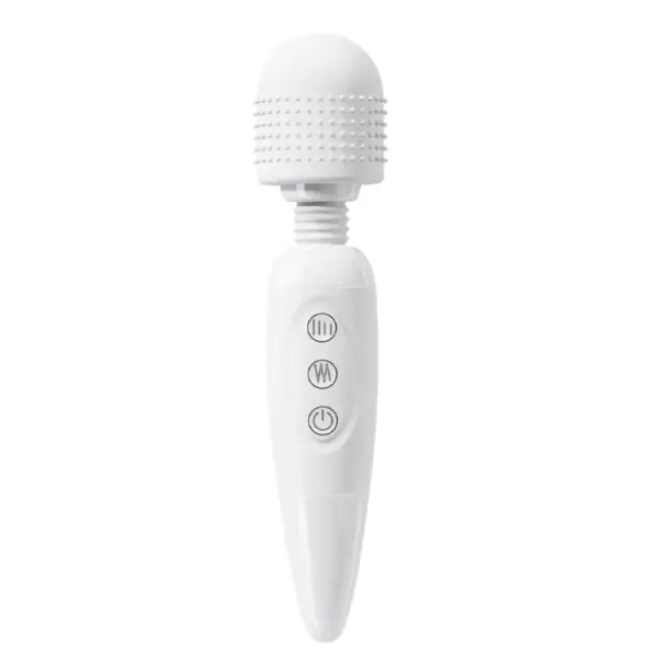 The Quiet Wand Vibrator-Quiet Bliss in crisp arctic white features a gently textured silicone head with whisper-quiet motor technology. Its streamlined handle houses three intuitive control buttons for power, pattern, and intensity, underscoring the toy’s minimalist yet powerful design.