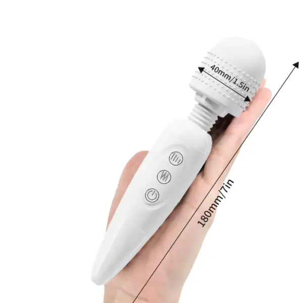 Dimension guide for the Quiet Wand Vibrator-Quiet Bliss shows an overall length of 180 mm (7 in) and a silicone head width of 40 mm (1.5 in). These clear measurements help users assess fit and reach for targeted, noise-free stimulation.
