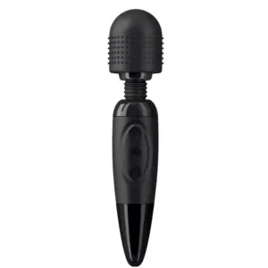 The Quiet Wand Vibrator-Quiet Bliss in sleek midnight black contrasts its matte-finish handle with a ribbed, noise-dampening silicone head. Its single-button interface and compact form factor emphasize discretion and ease of use for relaxing, full-body relief.
